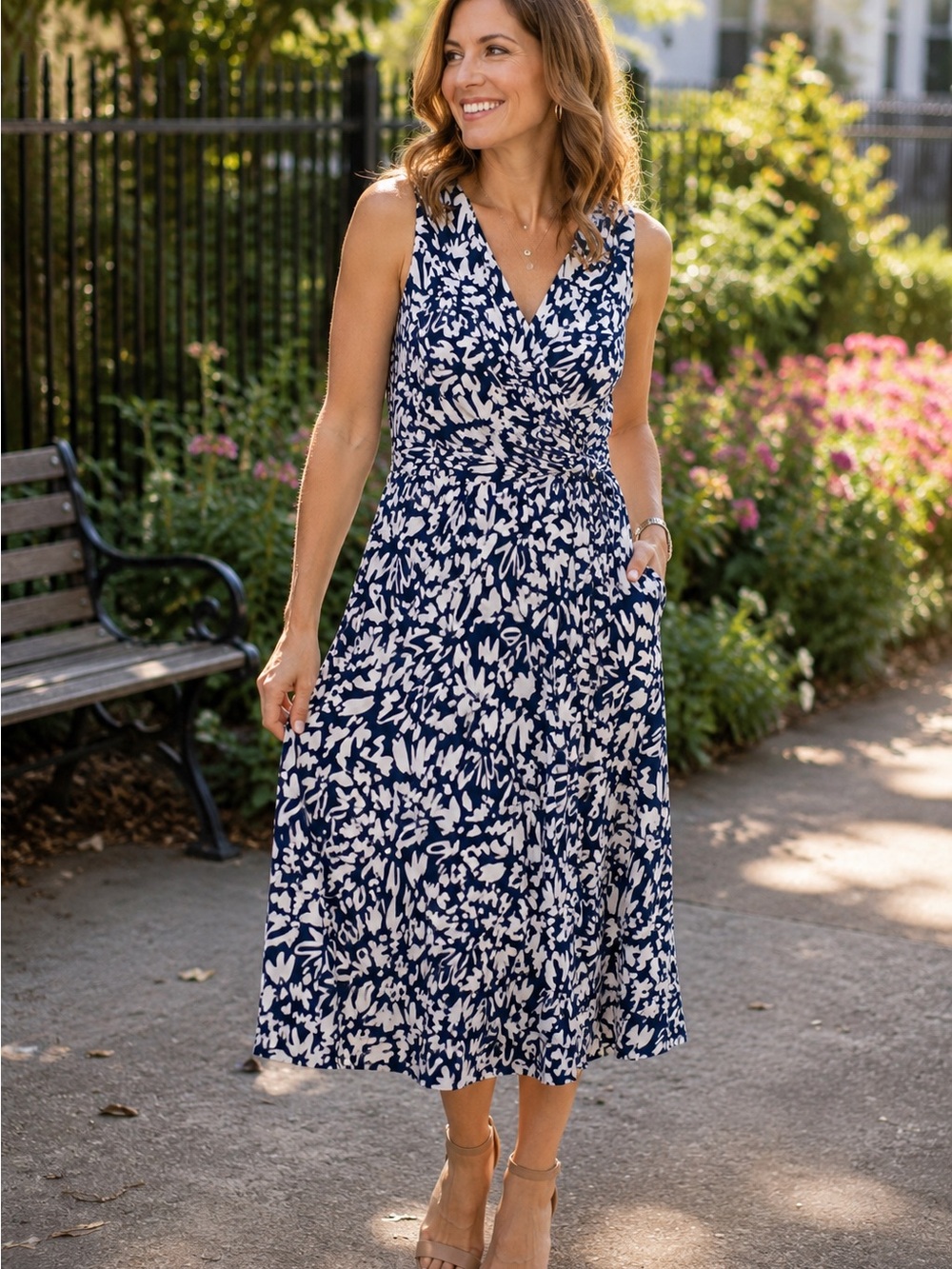 Ralph Lauren Navy & White Floral Faux Wrap Sleeveless Dress Size 14